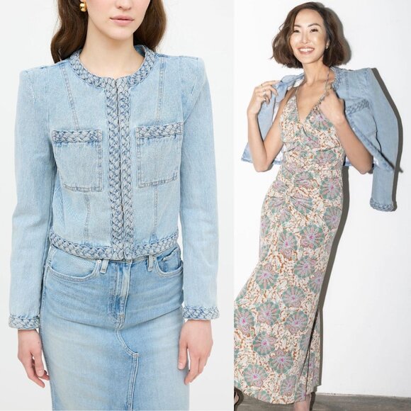 Veronica Beard Arrowe Braided Denim Chambray Light Blue Cropped Jacket Size 2 - Picture 1 of 13